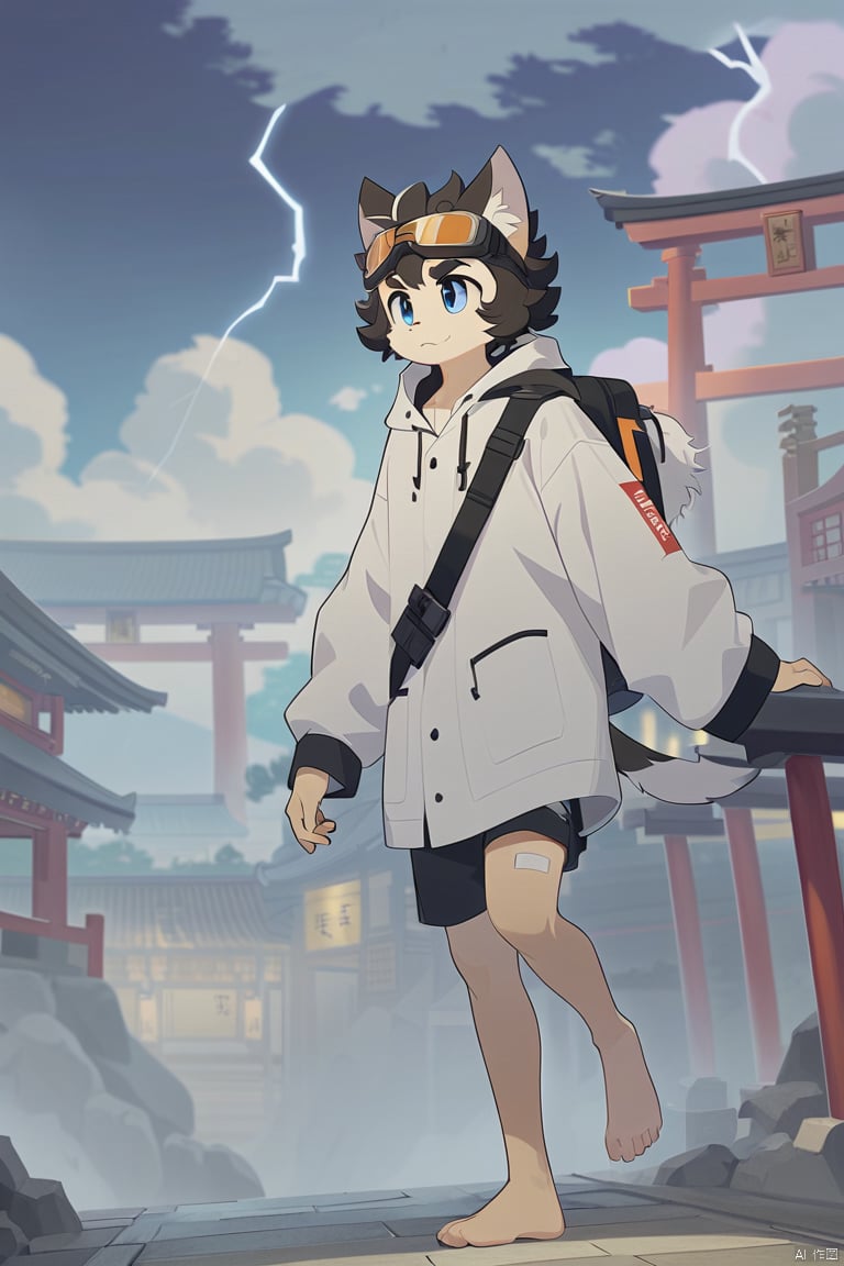 A dynamic scene unfolds as the muscular male, sporting goggles on his forehead and a collarbone-length haircut with messy curls, dons cat ears and a Hand Strap. His red and blue eyes gleam amidst thick eyebrows. A scar adorns his nose. The atmosphere is charged with lightning surrounding him,  He stands barefoot,  wearing a T-shirt under a furry coat,  doggy eyes . His curly hair sticks out in every direction, and thick eyebrows frame his gaze.,bandaid on leg,Chinese architecture,  torii, solo,Leaks out of the right shoulder, blue fire,neon light, cityscape,White balayage,Orange scrubbed white hair,Expose right shoulder,no shoes,barefoot,fursuit, 