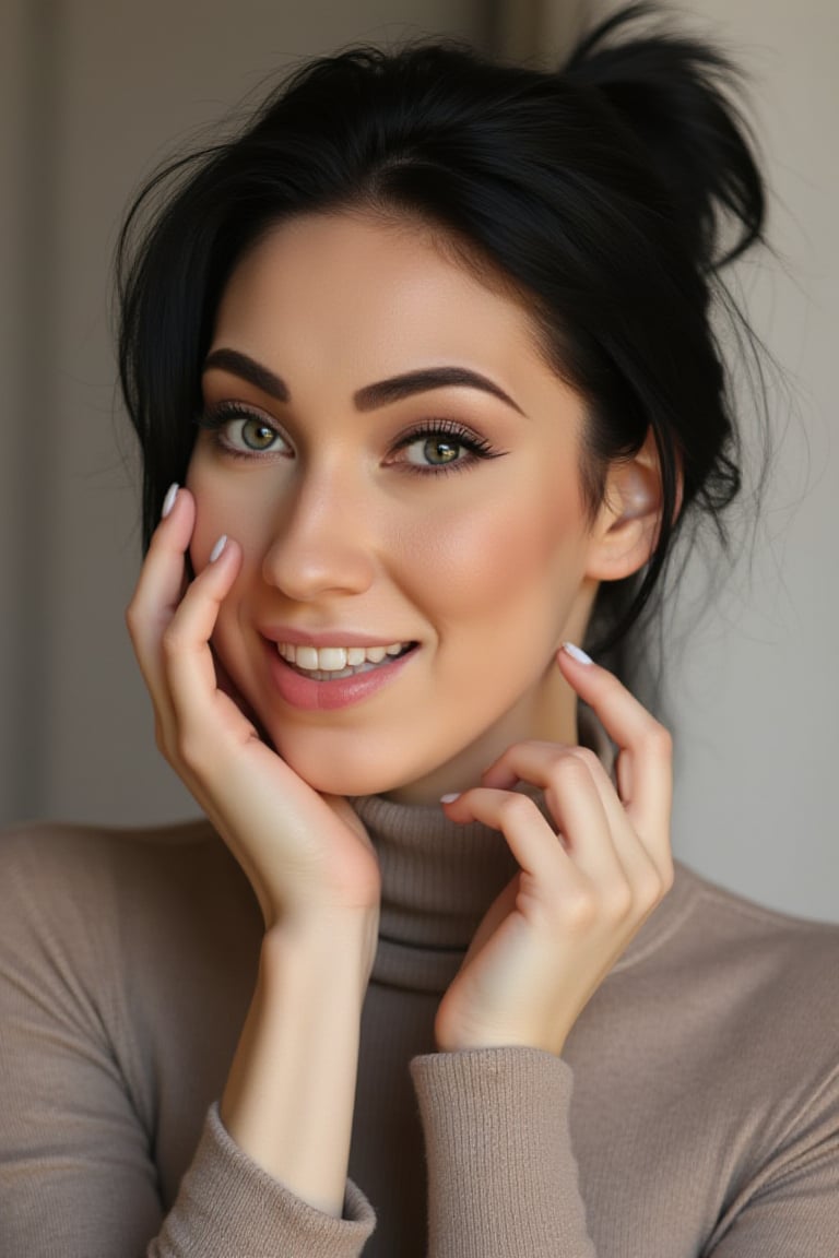 A portrait of the gorgeous wo4r14Al3 with a beautiful smile, she is looking at the camera. She has black tied hair in a ponytail. She is wearing a turtleneck sweater and she has her hands touching her face delicate