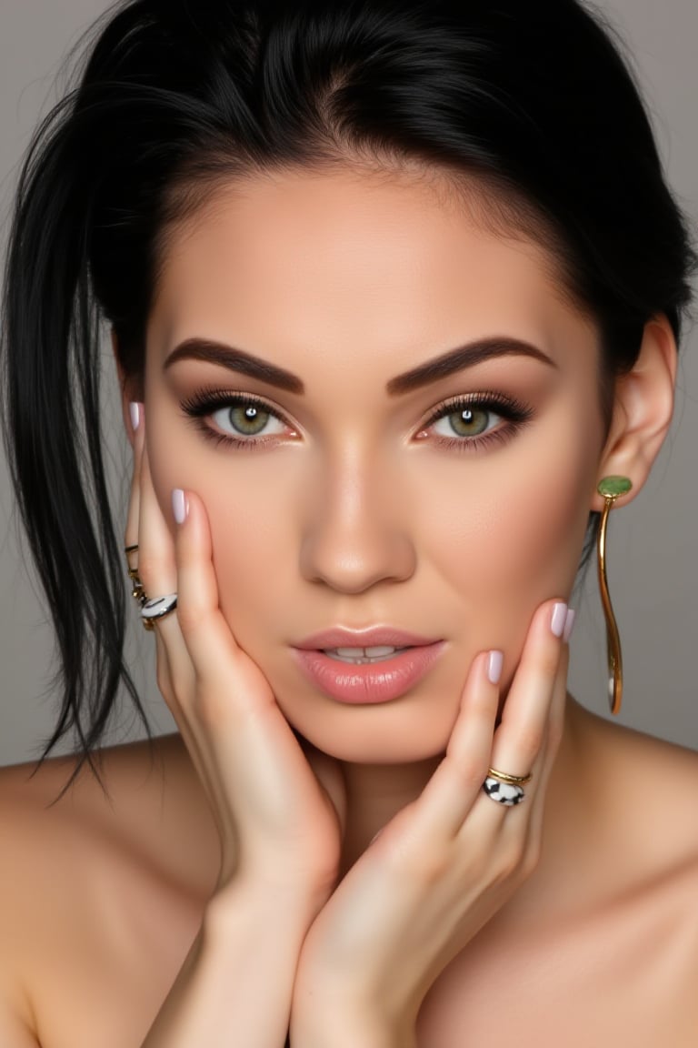 A professional high quality closeup photography of the gorgeous wo4r14Al3 woman. She has black hair styled in a side part, with her hair falling over her shoulder. Her skin tone is fair white and she has a neutral expression on her face. The woman's eye are striking green, and she is wearing some basic makeup that includes eyeliner and eyeshadow, which accentuates her eye color. Her lips are subtly colored. She is wearing a large, gold hoop earrings that add a touch of elegance to her appearance. Her fingers are adorned with multiple rings, suggesting a fashion-forward style. The woman hand is resting on her cheek witch adds a relaxed and contemplative feel to the image. The background is plain and light-colored, which heels to keep the focus on the subject., The lighting on her face is soft and even, highlighting her features and skin texture without creating harsh shadows. The overall style of the image is clean and modern