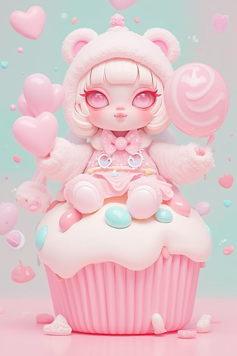 Sitting atop a giant cupcake, kyute_doll sported a candy-patterned dress and a fuzzy beanie shaped like a cupcake. With a lollipop in hand and a big smile, she looked like the sweetest treat in the bakery.