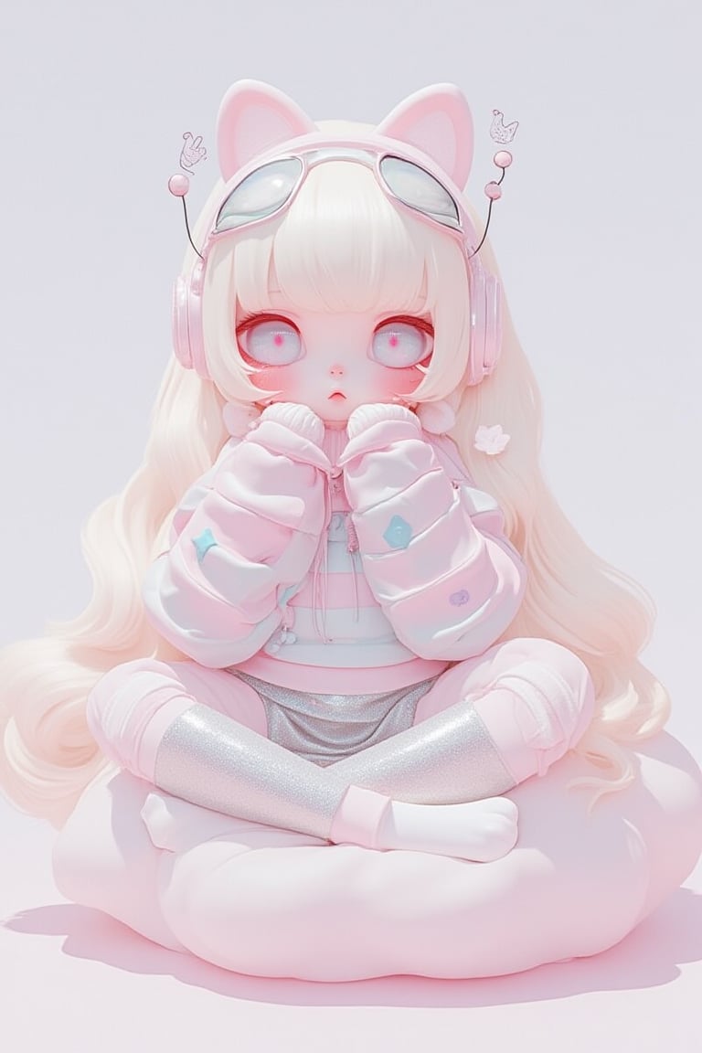 Sitting cross-legged on a soft cloud, kyute_doll wore a shimmering silver skirt and a cozy striped sweater adorned with tiny stars. Her oversized cat-ear headphones hugged her head, making her look both stylish and whimsical.