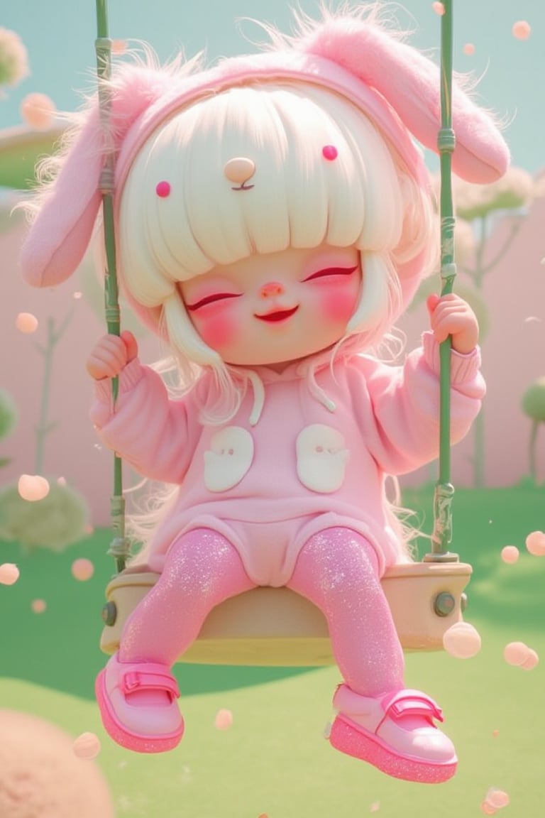 On a swing in a magical park, kyute_doll wore a fluffy bunny hoodie and sparkly leggings that shimmered in the sunlight. Her bright pink sneakers kicked up tiny clouds of dust as she swung higher, giggling with delight.