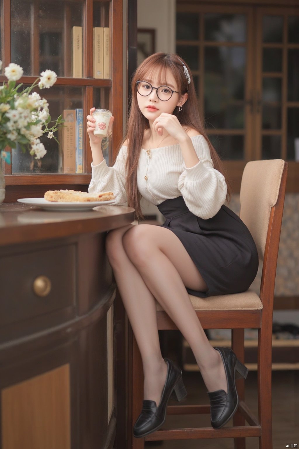 Masterpiece, best quality, amazing details, photo realistic, 1girl, idol, glasses, earrings, long hair, (fair skin with high details), big breasts, off-shoulder sweater, pencil skirt, panties, (shiny pantyhose), long legs, high heels, full body, sitting, cafe, coffee, cake, flowers, book,