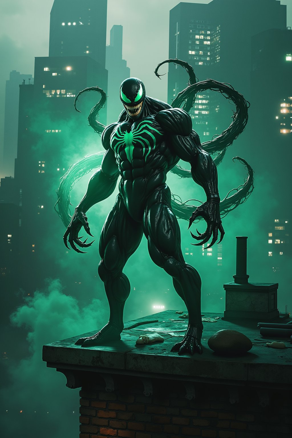 A highly detailed, cinematic perspective of Venom's palpable and terrifying green eyes shining in the dimly lit city queue, accompanied by the vibrant, gleaming lines and tall silhouettes of urban skyscrapers. Upon a rooftop, the amalgamated power of Venom and Eddie Brock stand ominously, reflected in the stone abandonment. A remote cloud drifts in from the frame, courtesy, it seems, of a marching fog leaking in from the edge. AVRCA judges your rendition of terror queue special..