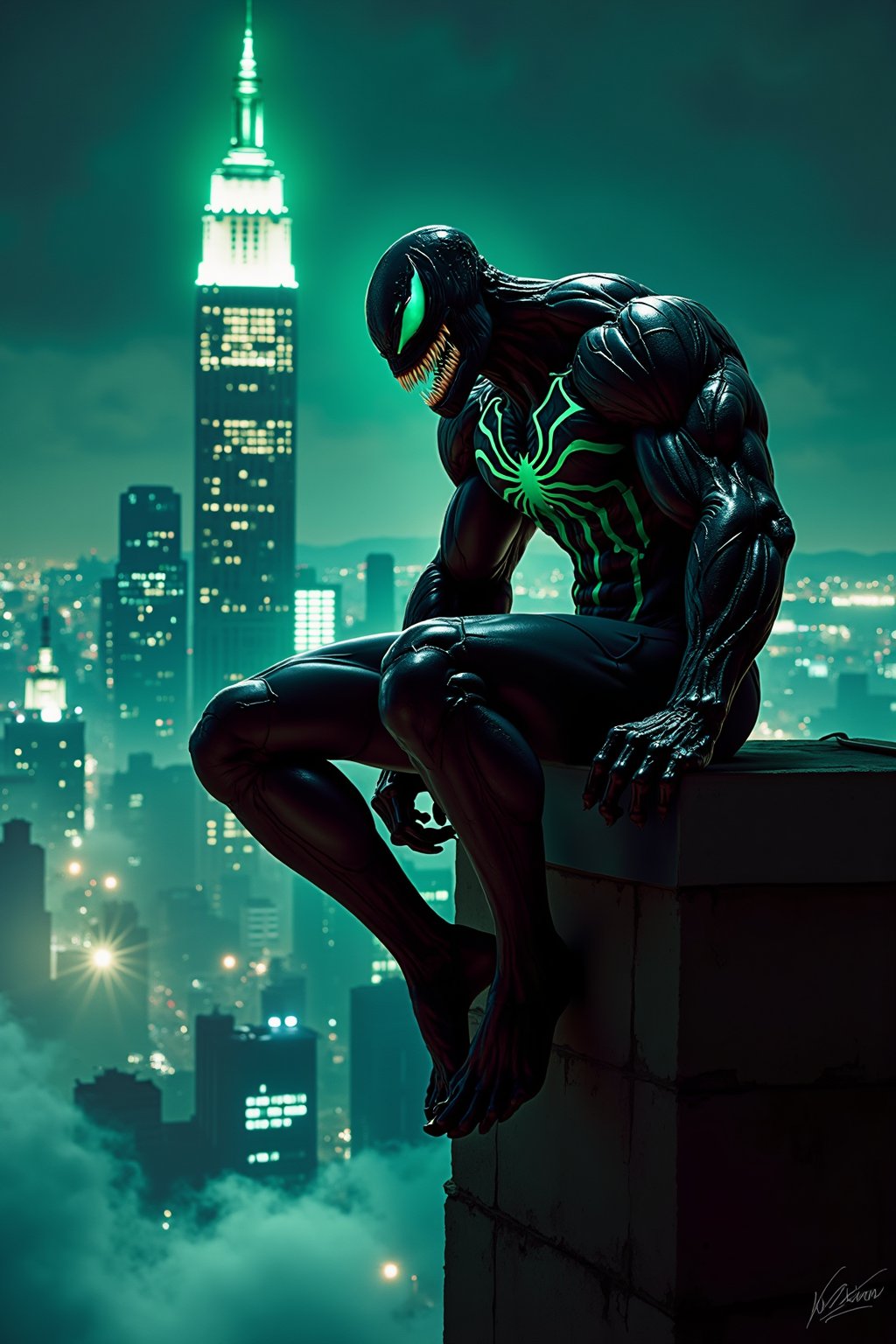 A close-up shot of Venom's eerie green eyes glowing in the dark, with a cityscape backdrop of neon lights and towering skyscrapers. The symbiote-covered superhero, Eddie Brock, sits menacingly on a rooftop ledge, his muscles tense as he surveys the urban landscape. A faint hint of fog creeps in from the left, adding an air of mystery to the scene.