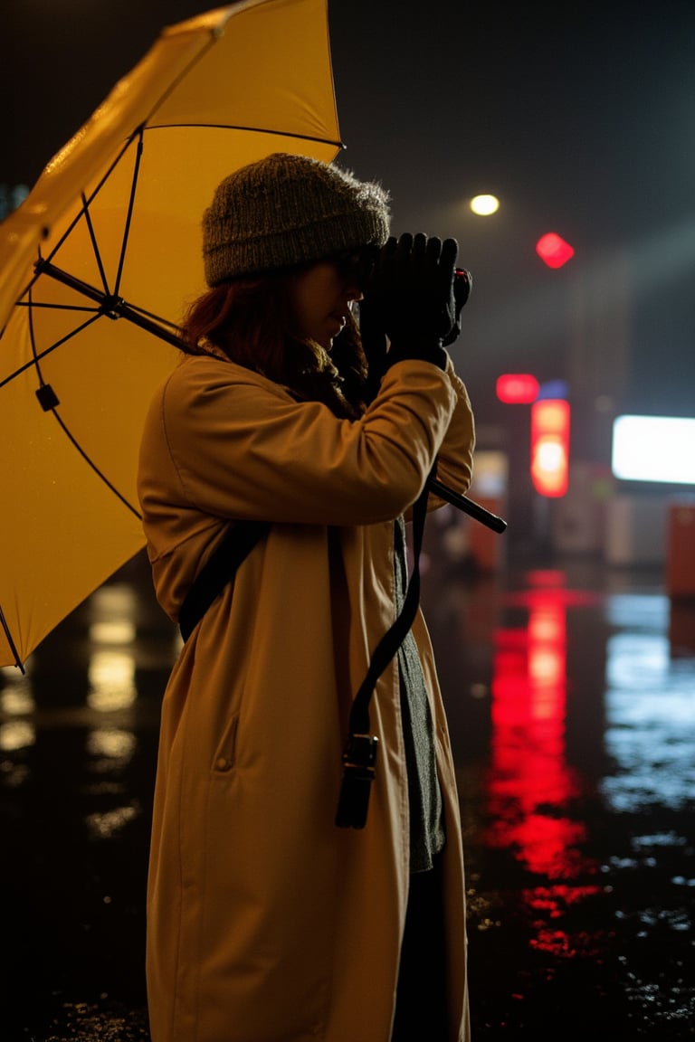 Astrid Wilder, a captivating young photographer, stands amidst a rain-soaked cityscape, her eyes fixed on the lens of her camera as she captures the vibrant streetlights reflecting off the wet pavement. Raindrops glisten on the brim of her hat and the shoulders of her trench coat, while the dark urban backdrop provides a striking contrast to her bright yellow umbrella.,black,biological