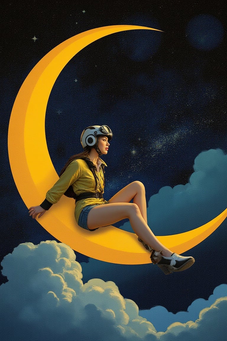 (masterpiece, top quality, best quality, official art, beautiful and aesthetic:1.2), (1girl:1.4), extreme detailed, a female pilot sitting on a crescent plane through a starry night, captured in the detailed gouache style of Hieronymous Bosch and Klimt,art_booster