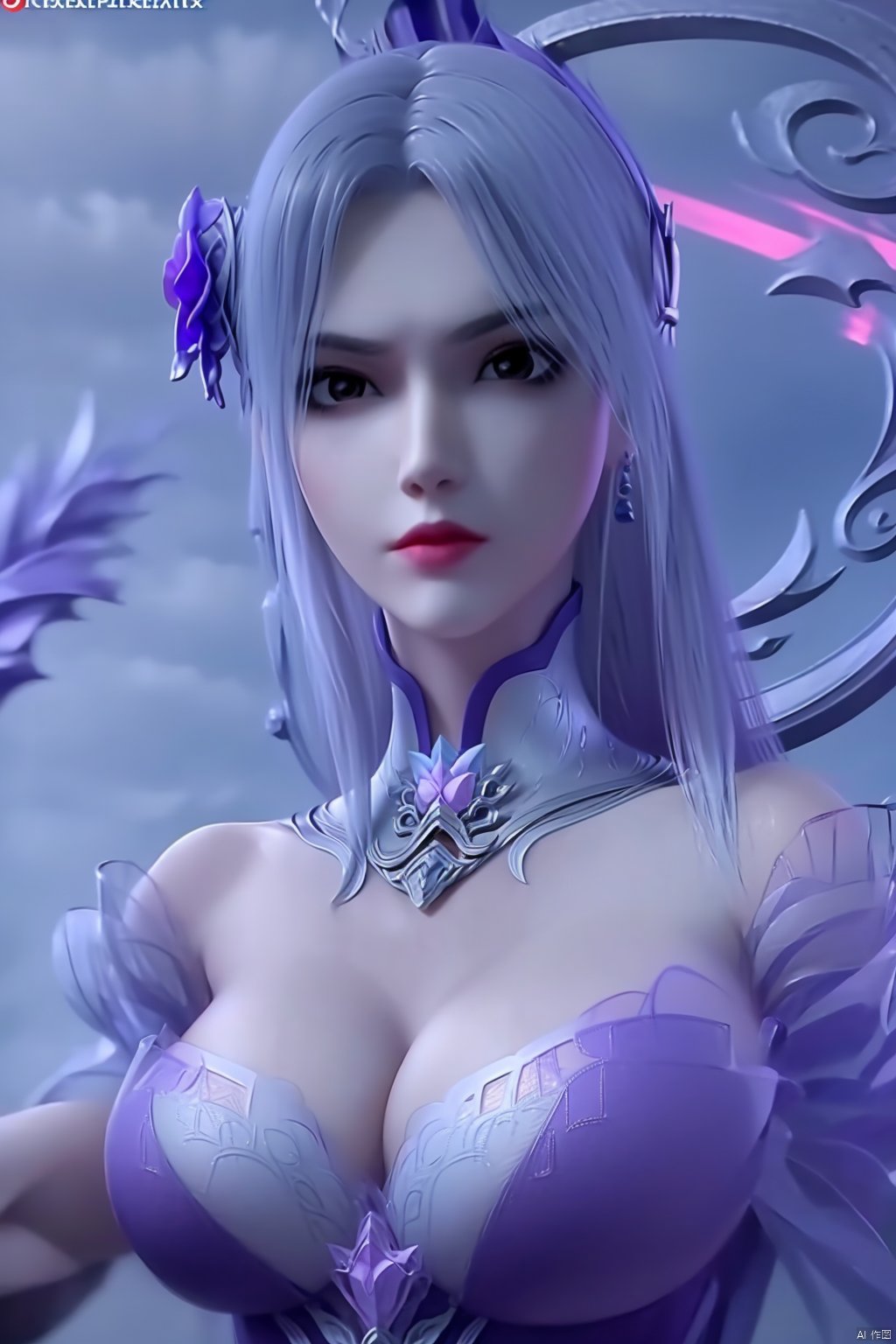  (8k, RAW photo, best quality, masterpiece:1.2), (realistic, photorealistic:1.3), ultra-detailed, extremely detailed cg 8k wallpaper, (crystalstexture skin:1.2), extremely delicate and beautiful,1girl, solo, long hair, breasts, looking at viewer, large breasts, hair ornament, dress, cleavage, bare shoulders, jewelry, cowboy shot body, flower, earrings, hair flower, lips, chinese clothes,white dress,