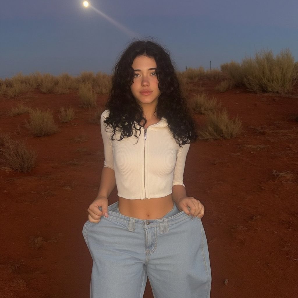 Vanessa Reinhardt , Generate an outdoor scene at dusk, with soft golden lighting illuminating a young woman standing in front of a dry, desert-like terrain. The ground is reddish-brown with patches of dry grass and small shrubs. The woman has long, dark, wavy hair and wears a form-fitting white zip-up top that reveals her midriff. She is holding up oversized, light blue baggy jeans, exposing her waist. The moon is visible in the background against a clear twilight sky, adding to the serene, natural atmosphere.