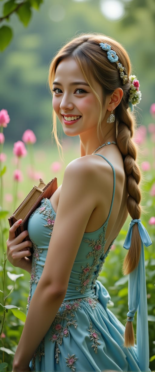 A smiling elf woman in the garden of a castle in another world. She is mid-chested and has long golden hair tied into a ponytail with a light blue ribbon tied at the end of her hair. The camera captures her entire body, and the background is blurred, showing the colorful flowers in soft hues. She is wearing an elegant dress with fine floral embroidery and a fluttery skirt. Large jewel earrings sparkle in her ears, and small golden flowers adorn her hair. In her hand was a small book, the pages waving in the wind. ,





...,ct-smeraldity,ct-gigi identiy,ct-rosity,ct-hyuntity,ct-leetity,ct-arix,ct-savaga,ct-muun,ct-kbright,ct-vituajis,ct-style10