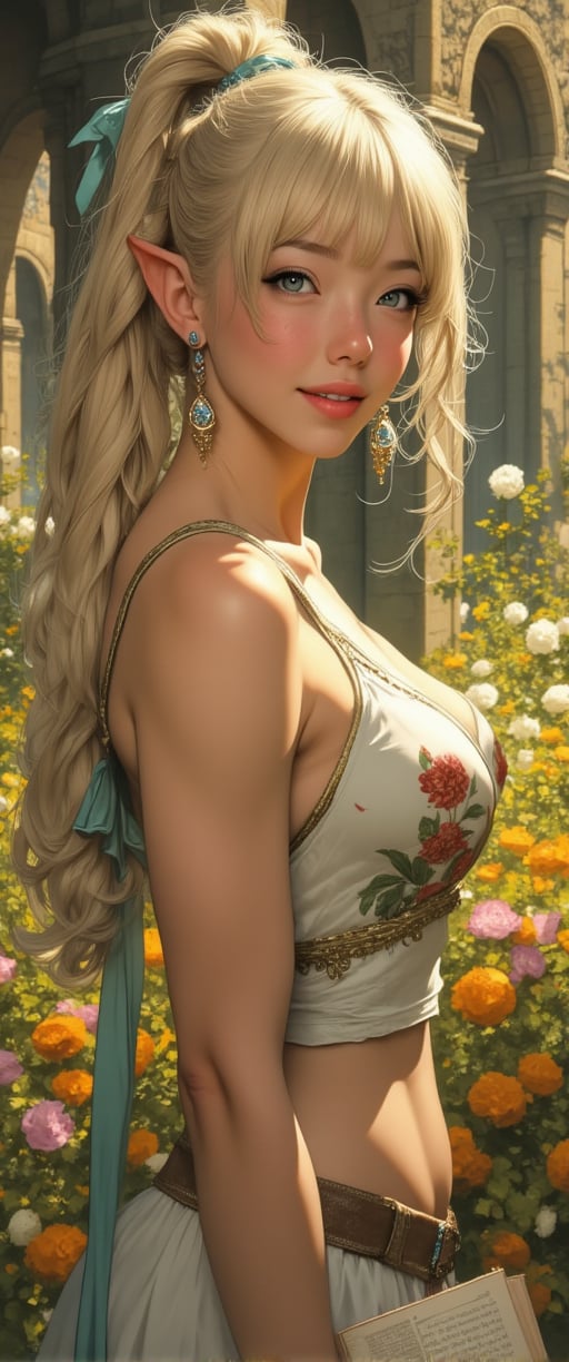 A smiling elf woman in the garden of a castle in another world. She is mid-chested and has long golden hair tied into a ponytail with a light blue ribbon tied at the end of her hair. The camera captures her entire body, and the background is blurred, showing the colorful flowers in soft hues. She is wearing an elegant dress with fine floral embroidery and a fluttery skirt. Large jewel earrings sparkle in her ears, and small golden flowers adorn her hair. In her hand was a small book, the pages waving in the wind. ,ct-style10