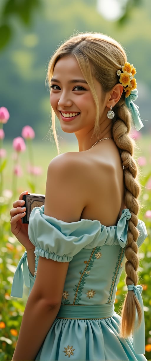 A smiling elf woman in the garden of a castle in another world. She is mid-chested and has long golden hair tied into a ponytail with a light blue ribbon tied at the end of her hair. The camera captures her entire body, and the background is blurred, showing the colorful flowers in soft hues. She is wearing an elegant dress with fine floral embroidery and a fluttery skirt. Large jewel earrings sparkle in her ears, and small golden flowers adorn her hair. In her hand was a small book, the pages waving in the wind. ,





...,ct-smeraldity,ct-gigi identiy,ct-rosity,ct-hyuntity,ct-leetity,ct-arix,ct-savaga,ct-muun,ct-kbright,ct-vituajis,ct-style10