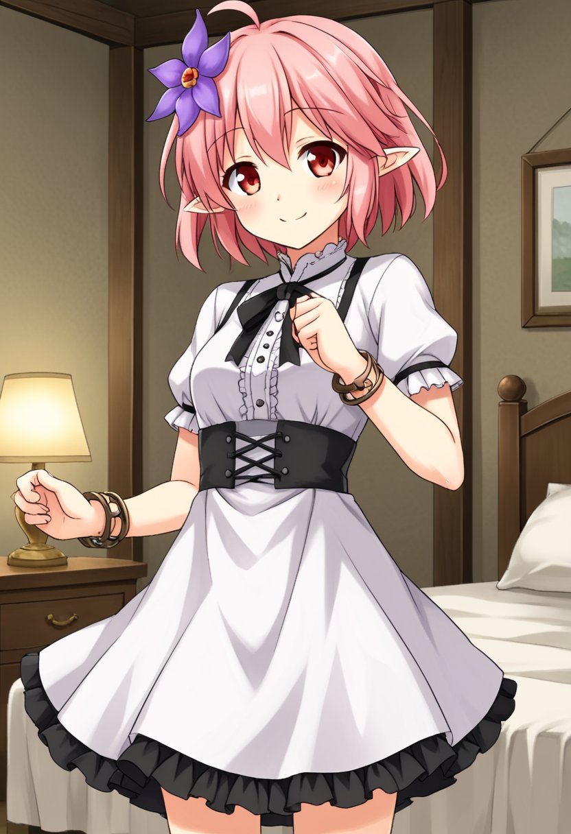 1girl, solo, sgena, pink hair, short hair, ahoge, red eyes, hair flower, pointy ears, white dress, frills, bracelet, indoors, bedroom, smile standing, cowboy shot