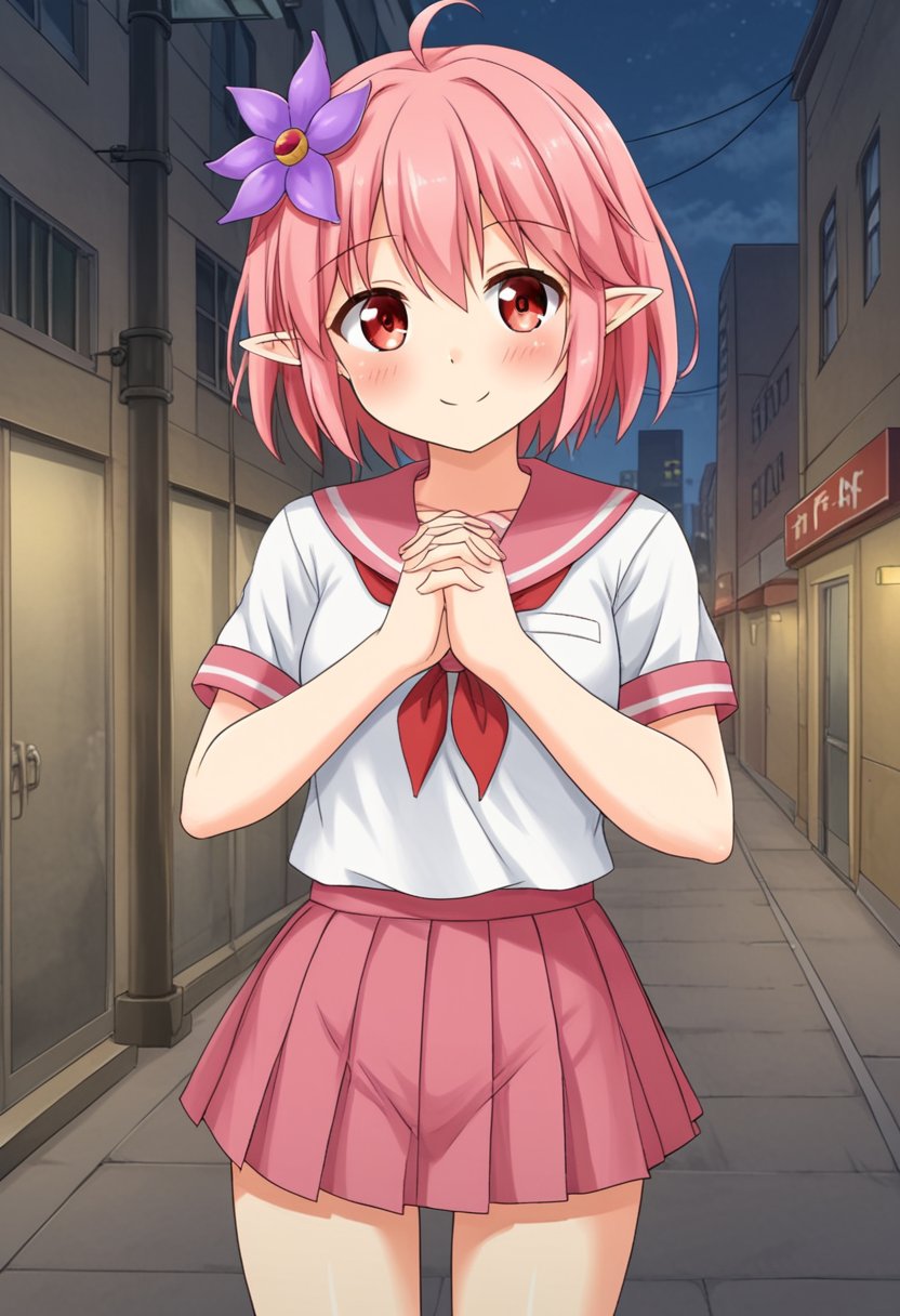 1girl, solo, sgena, pink hair, short hair, ahoge, red eyes, pointy ears, hair flower, white shirt, short sleeves, pink skirt, pleated skirt, school uniform, outdoors, city, street, hands together, standing, blush, smile