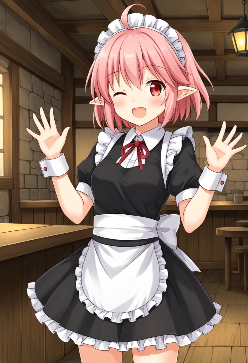 1girl, solo, sgena, pink hair, short hair, ahoge, red eyes, pointy ears, black dress, waist apron, headdress, maid outfit, indoors, tavern, standing, wink, waving