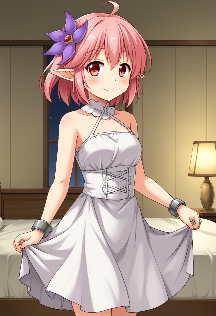 1girl, solo, sgena, pink hair, short hair, ahoge, red eyes, hair flower, pointy ears, white dress, frills, bracelet, indoors, bedroom, smile standing, cowboy shot