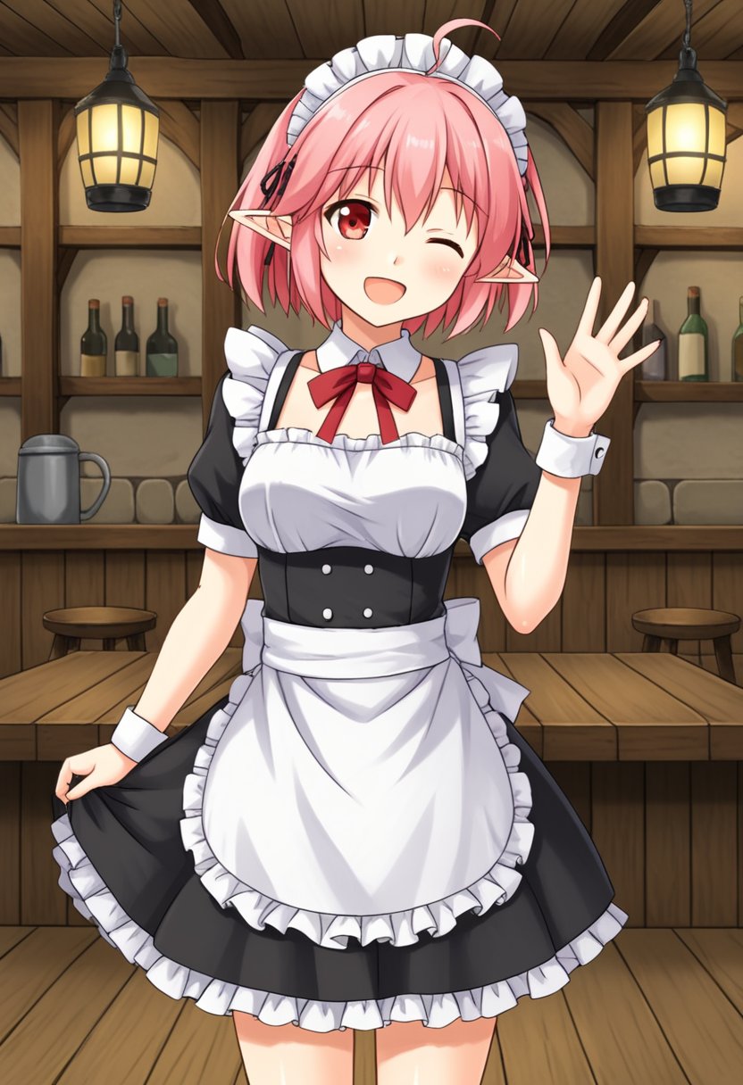 1girl, solo, sgena, pink hair, short hair, ahoge, red eyes, pointy ears, black dress, waist apron, short sleeves, headdress, maid outfit, indoors, tavern, standing, wink, waving