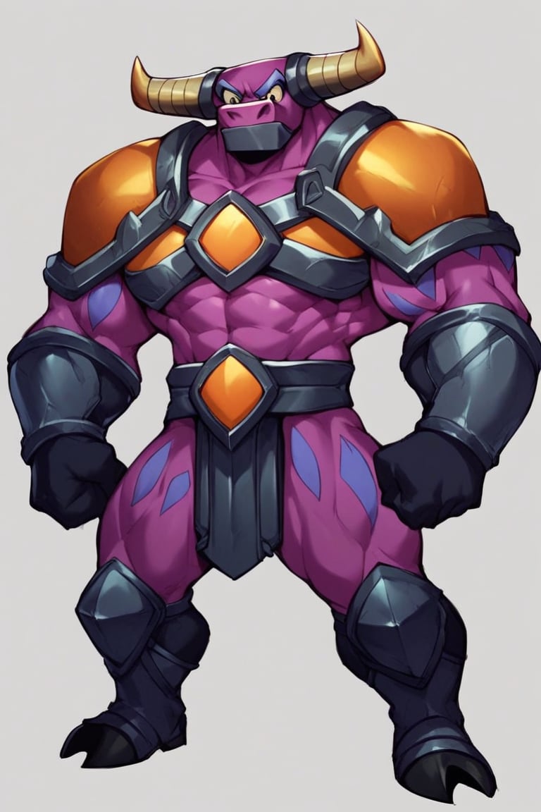 score_9, score_8_up,score_7_up, anime origin, demon bull king, Purple fur, Iron jaw, armor, In good physical shape, full body,Standing facing viewer,front view,