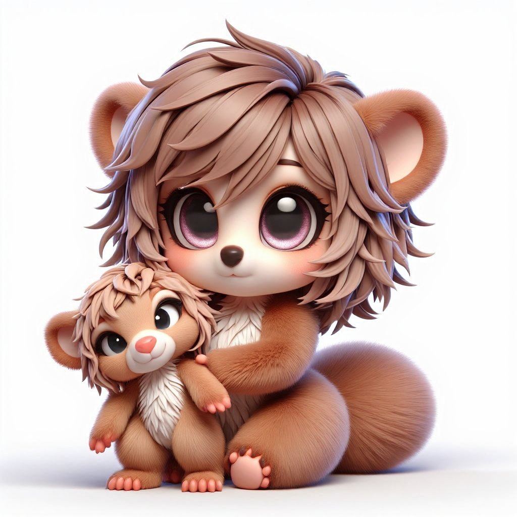 anthro baby brown bear character, holding a fluffy cute bear furry plushy. cute semi-chibi bipedal anthro, bear fur, feminine girl, cute smile. big cute eyes, puppy eyes, white background, furry skin, furry,