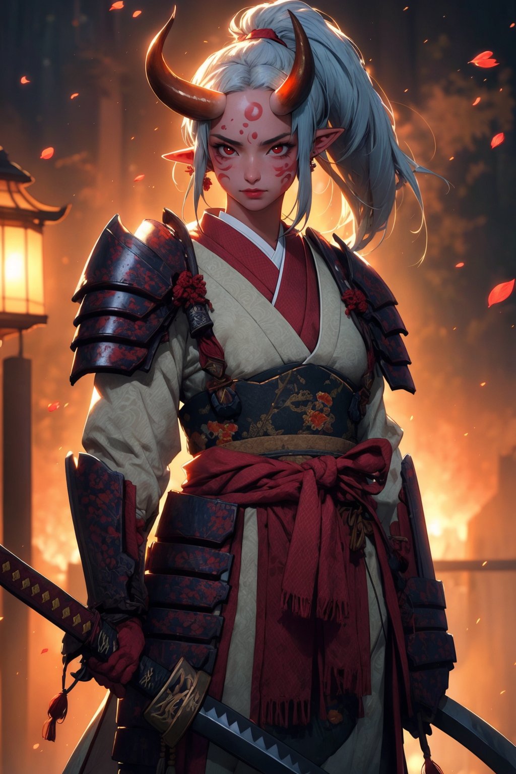 busty and sexy girl, 8k, masterpiece, ultra-realistic, best quality, high resolution, high definition, 1girl, solo, long hair, looking at viewer, red eyes, jewelry, closed mouth, standing, ponytail, weapon, grey hair, sidelocks, earrings, outdoors, japanese clothes, horns, pointy ears, sword, armor, orange eyes, petals, glowing, colored skin, facial mark, katana, shoulder armor, sheath, glowing eyes, oni horns, sheathed, oni, serious, japanese armor, scabbard, red skin, samurai