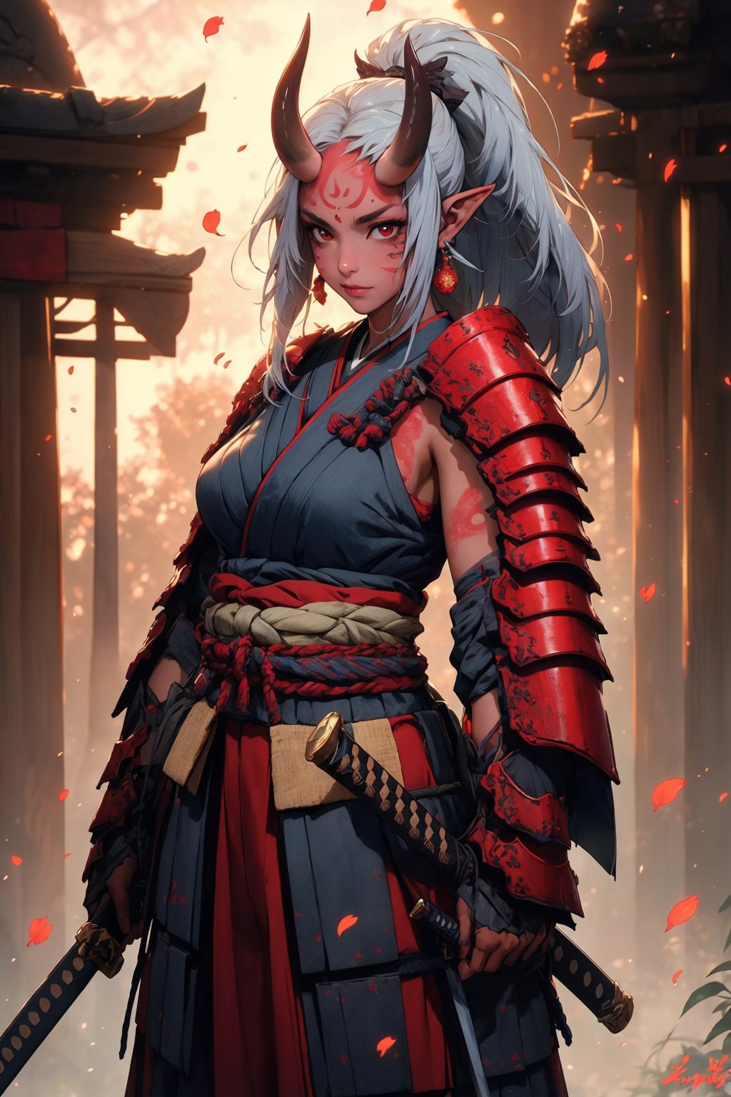 busty and sexy girl, 8k, masterpiece, ultra-realistic, best quality, high resolution, high definition, 1girl, solo, long hair, looking at viewer, red eyes, jewelry, closed mouth, standing, ponytail, weapon, grey hair, sidelocks, earrings, outdoors, japanese clothes, horns, pointy ears, sword, armor, orange eyes, petals, glowing, colored skin, facial mark, katana, shoulder armor, sheath, glowing eyes, oni horns, sheathed, oni, serious, japanese armor, scabbard, red skin, samurai