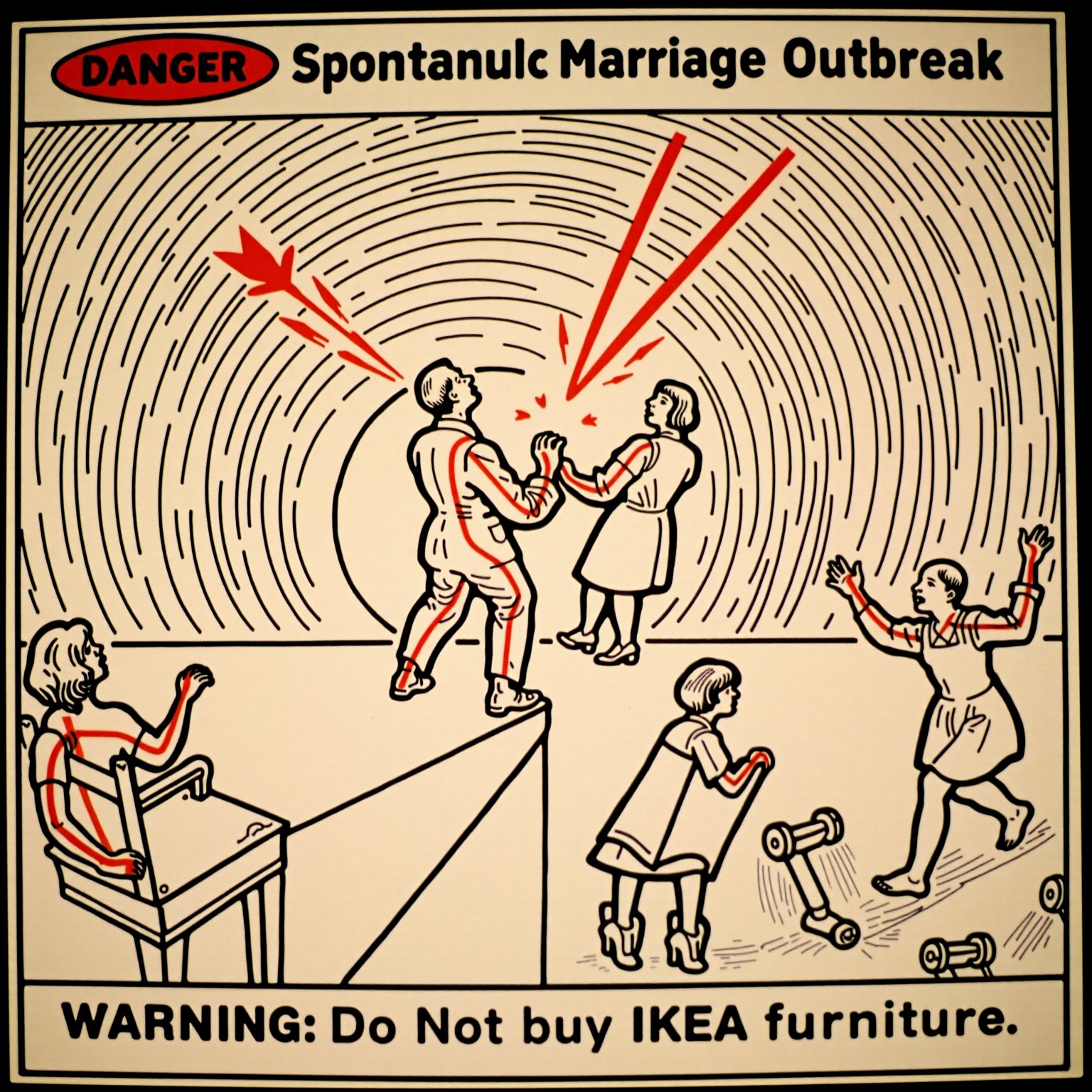 lktro A retro-style public safety warning poster depicting the dangers of spontaneous marriage outbreaks in ikea store,  A...