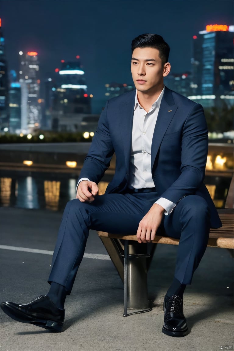 1man,(realistic:1.3),male focus,asian,exquisite facial features,handsome,muscular,suit,shirt,pants,sheer socks,footwear,sitting,full body,dimly lit,city,outdoors,neon lights,Dynamic pose, city landscape, romantic realism, atmospheric, perfect background, magnificent, masterpiece, realistic, best quality, highly detailed,profession, creative, glowing, dynamic,jzns,jmsw