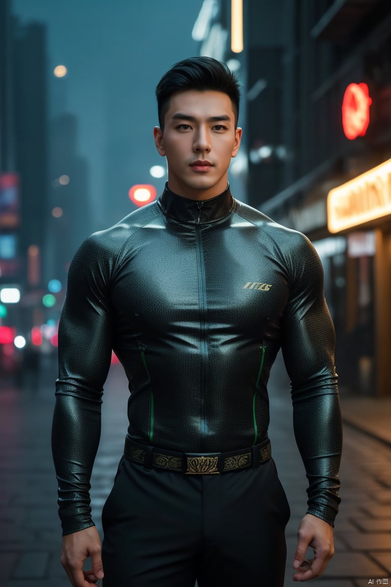 1man,(realistic:1.3),male focus,asian,exquisite facial features,handsome,muscular,tight clothes,bust,dimly lit,city,outdoors,neon lights,Dynamic pose, Lichen background, Russian landscape, romantic realism, atmospheric, perfect background, magnificent, surreal, creative, glowing, dynamic,jzns,