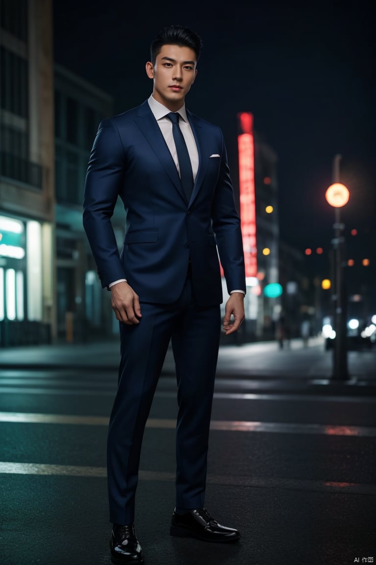 1man,(realistic:1.3),Combat posture,male focus,asian,exquisite facial features,handsome,muscular,suit,shirt,pants,footwear,full body,dimly lit,city,outdoors,neon lights,Dynamic pose, Lichen background, Russian landscape, romantic realism, atmospheric, perfect background, magnificent, masterpiece, realistic, best quality, highly detailed,profession, creative, glowing, dynamic,jzns,