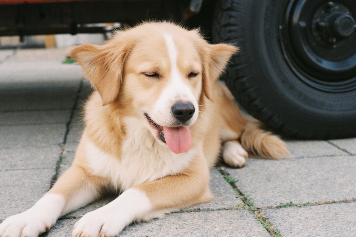 medium sized brown and white dog is laying on the ground. The dogs mouth is slightly open and its tongue is hanging out. Its eyes are closed and its ears are perked up. Its body is a light brown color with a white stripe going down the middle of its head. The ground is made up of gray concrete slabs. There is a black tire on the rig.,Film Photo