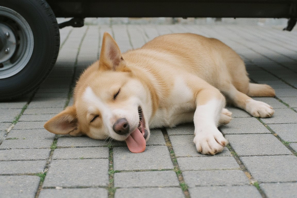 medium sized brown and white dog is laying on the ground. The dogs mouth is slightly open and its tongue is hanging out. Its eyes are closed and its ears are perked up. Its body is a light brown color with a white stripe going down the middle of its head. The ground is made up of gray concrete slabs. There is a black tire on the rig.,Film Photography