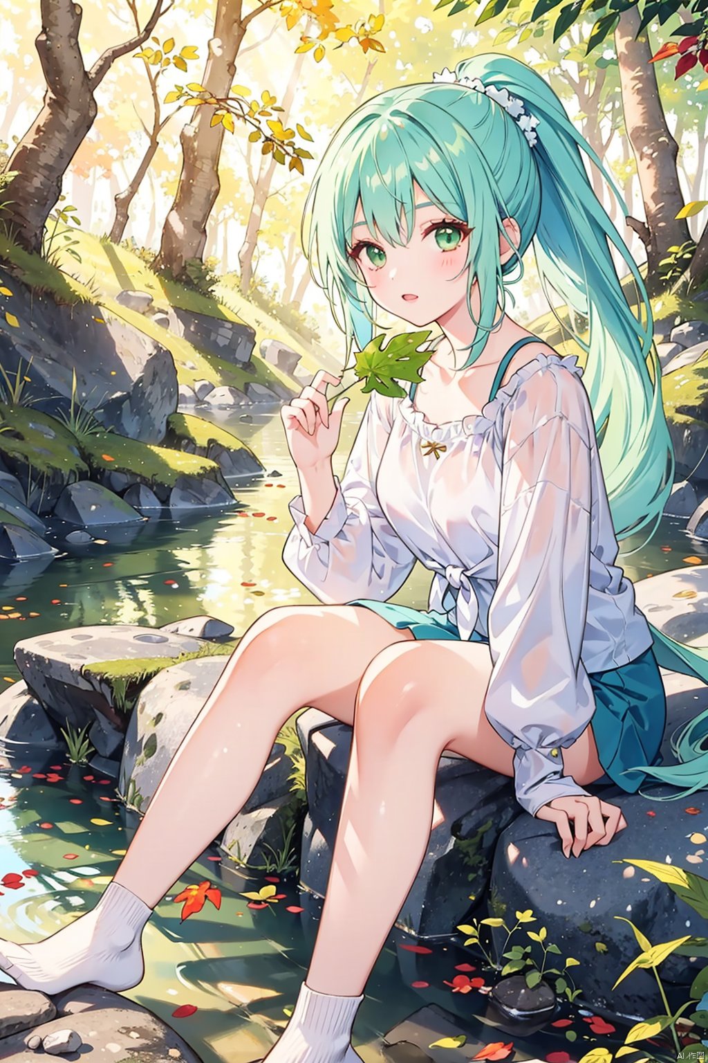 1girl,Green eyes, light blue hair, tied in a ponytail, wearing casual clothes, holding a leaf in his right hand, sitting on a stone, stepping on the stream, with trees and stones nearby,bright golden sunlight, 8k, looking at viewer