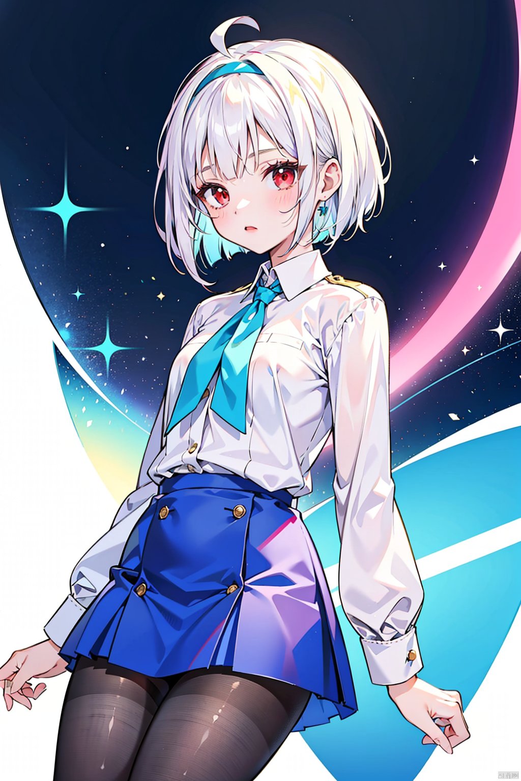 1girl,ahoge, android, white hair, blue headband, bob cut, red eyes, white shirt, BREAK, short skirt, pantyhose, blue pantyhose, black pantyhose, gradient legwear