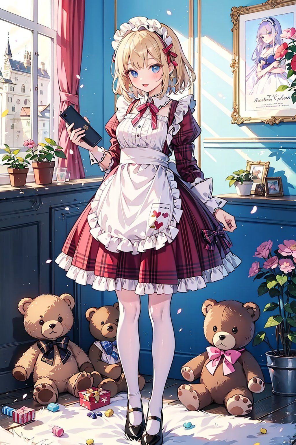 （（tmasterpiece：1.4,best qualtiy））+,（ultra - detailed）+,offcial art,Unity 8k壁纸,ultra - detailed,aestheticly pleasing,high high quality,big breasts beautiful,tmasterpiece,best qualtiy,Bow knot,Ribbons,((Handheld bear)),（（Brown teddy bear））,Handheld,doll,doll,Candy decoration,Misty,Lolita prostitute,Little princess,（flatchest）,full bodyesbian,Standing painting,white backgrounid,Plaid apron,Side straps,Princess shoes,Bear-eared headband
