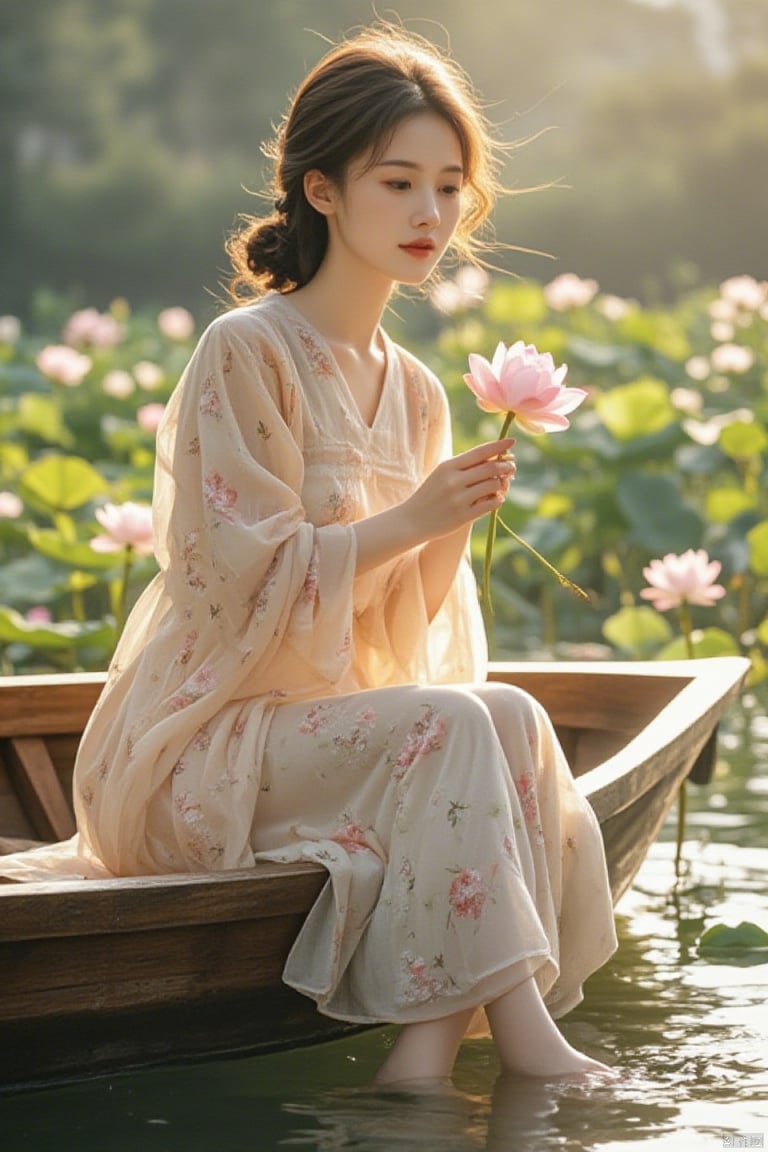 The girl is sitting on a classical wooden boat, gently floating in a pond filled with blooming lotus flowers. The sunlight shines through the thin clouds, casting a golden glow on the water surface and lotus flowers. She was wearing a delicate floral dress, the color of which matched the surrounding lotus flowers, as if she were a fairy among the flowers. The girl's hair gently fell loose, holding a freshly picked lotus flower in her hand. The fragrance of the flower was fragrant, and her eyes were gentle and peaceful, as if enjoying this intimate contact with nature.
haotu