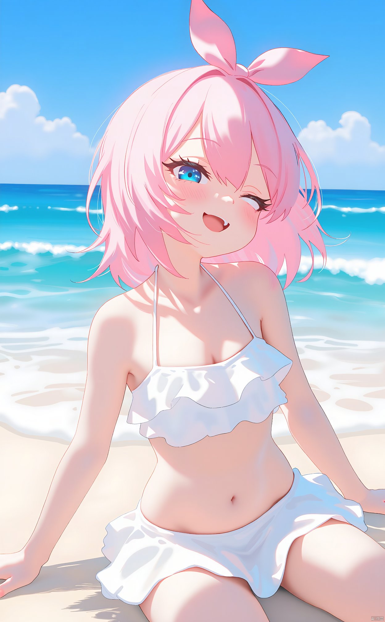 The image is an illustration of a young girl with pink hair and blue eyes. She is sitting on a beach with the ocean in the background. The girl is wearing a white bikini top with a ruffled skirt and has a pink bow on her head. She has a big smile on her face and is looking off to the side with a playful expression. The sky is blue and the ocean is a beautiful shade of blue with white waves crashing onto the shore. The overall mood of the image is cheerful and playful.