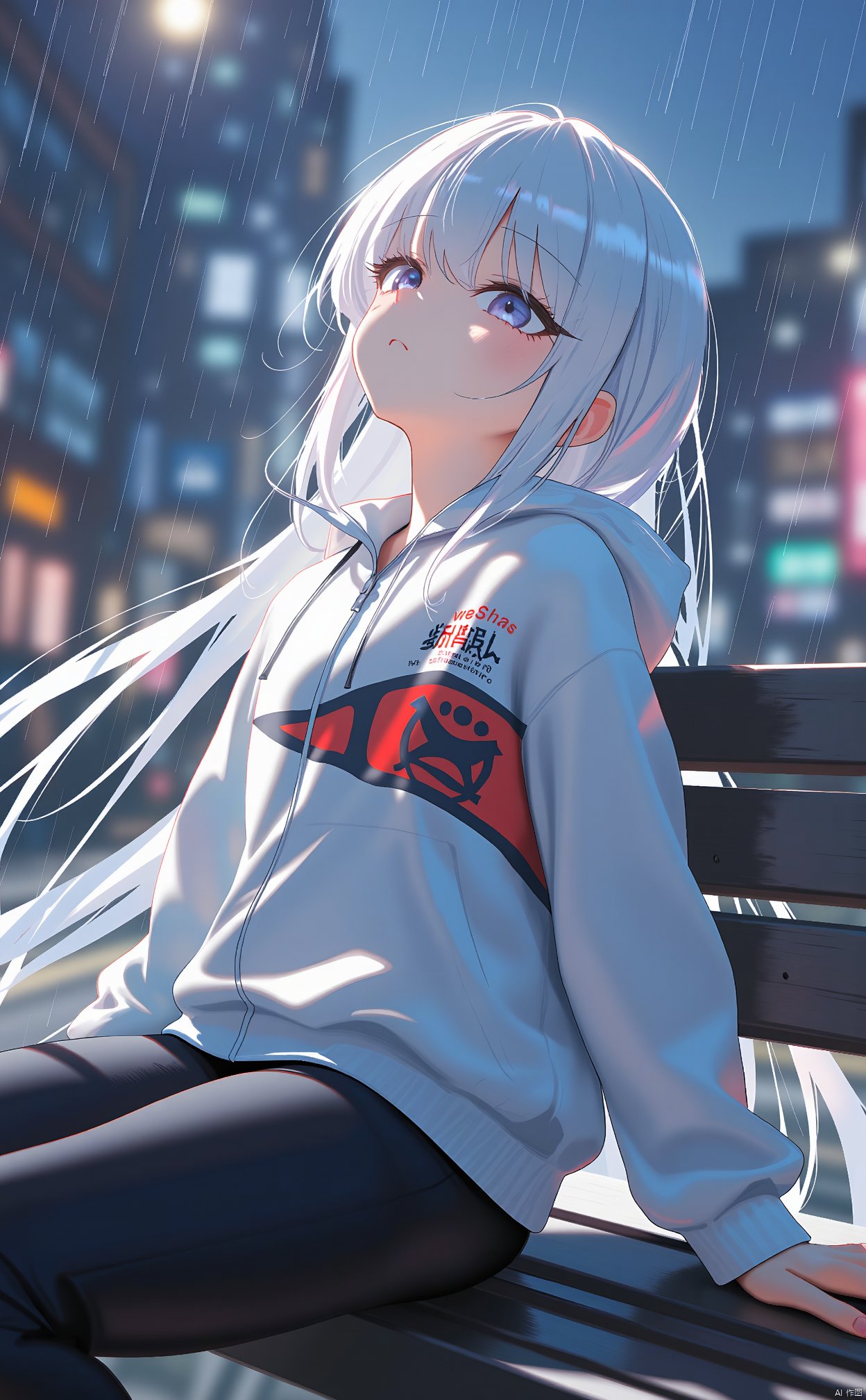 The image is an illustration of a young girl with long white hair and bangs, sitting on a bench in the rain. She is wearing a white jacket with a red and black design on the chest and black pants. The background is a cityscape with buildings and lights, and the sky is filled with raindrops. The girl is looking up towards the sky with a peaceful expression on her face. The overall mood of the image is calm and serene.