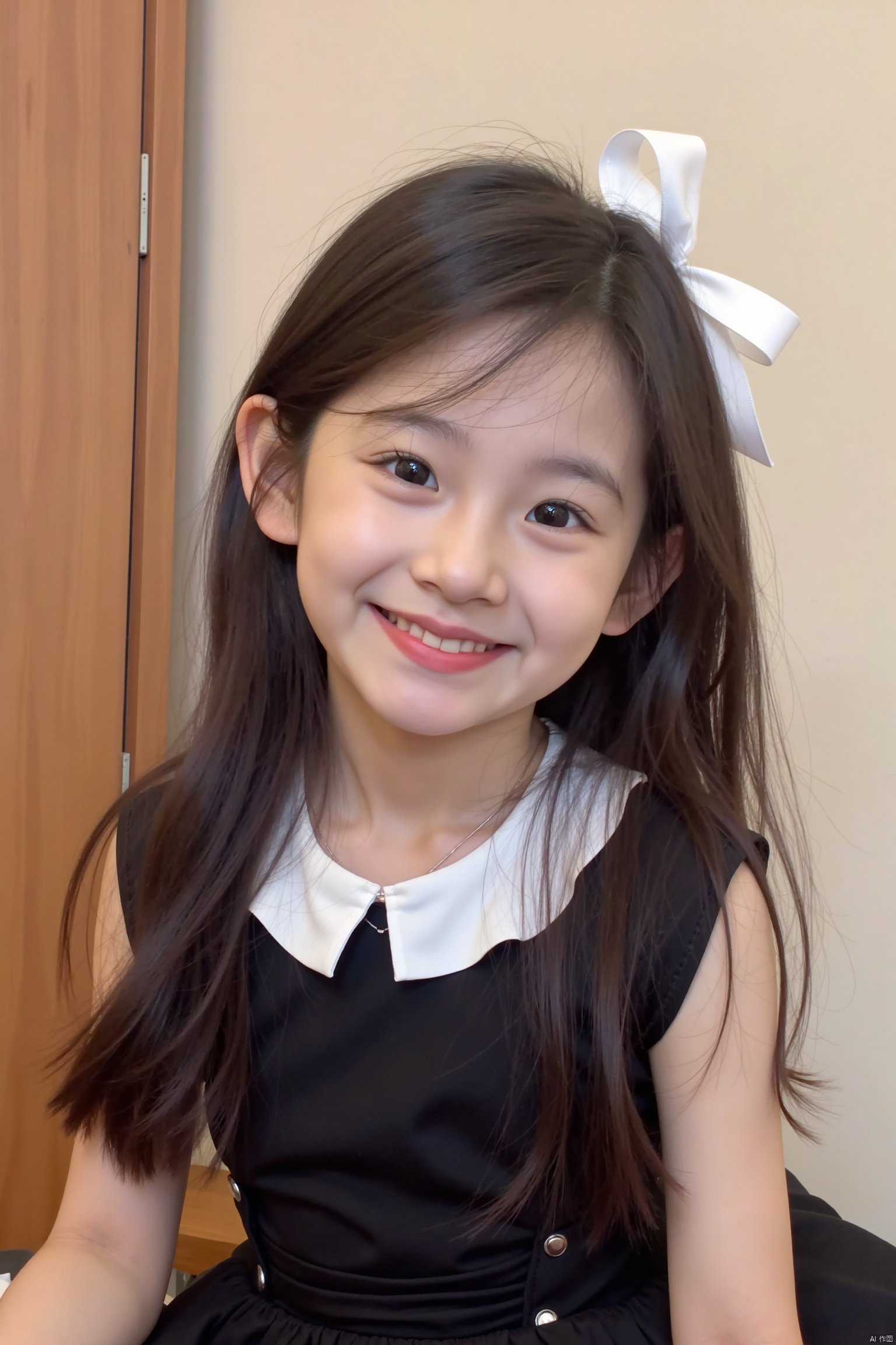 A young Asian girl with long dark brown hair, wearing a black dress with a white ruffled collar and a white bow on her head. She is smiling, with a slight smile on her face. The backdrop is a cream-colored wall with a wooden paneling on the left side.


