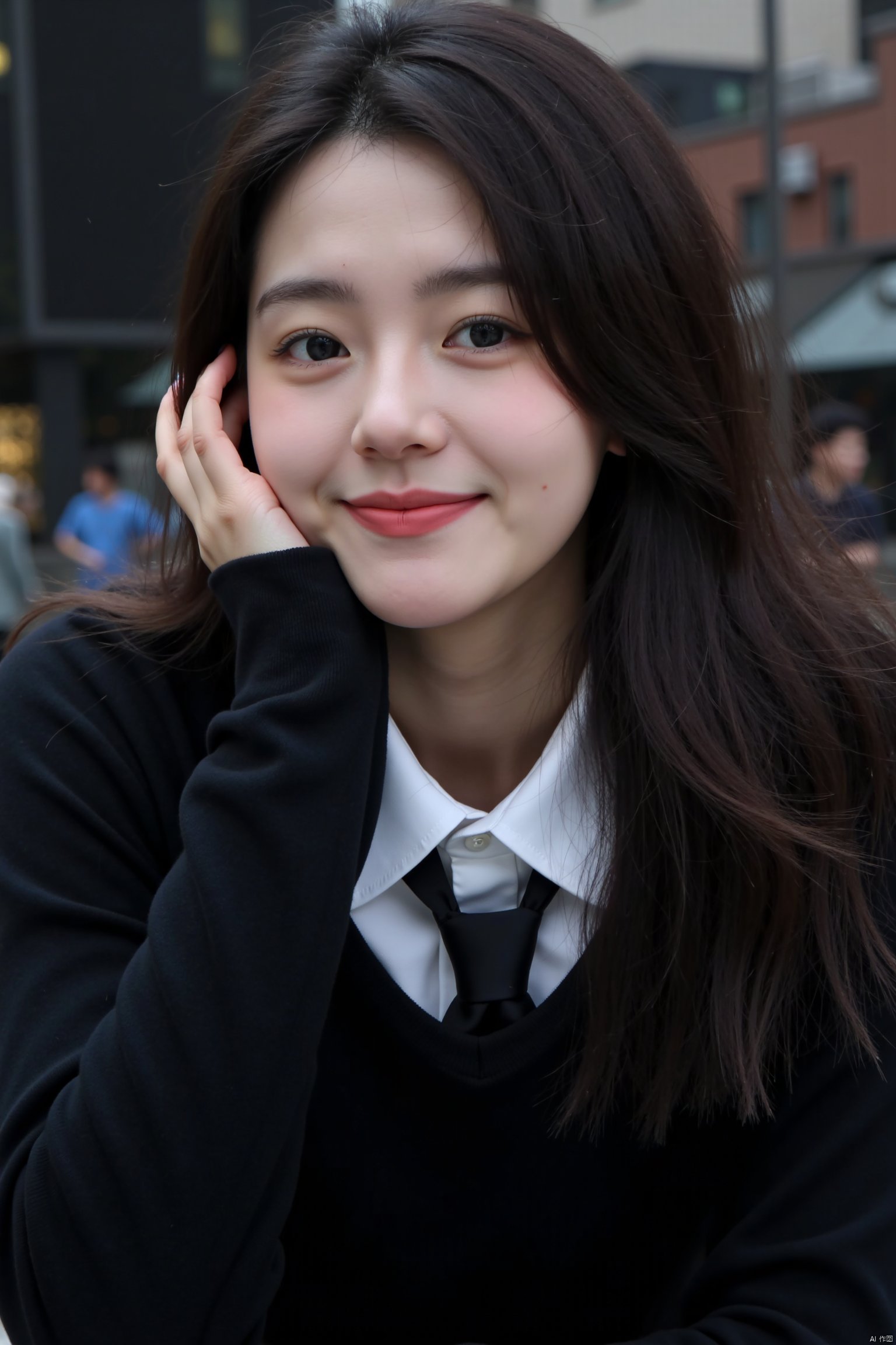 a young Asian woman with long dark brown hair, wearing a black sweater and a white collared button-down shirt with a black tie. She is smiling, her left hand resting on her face, adding a touch of warmth to the scene. The backdrop is blurred, creating a stark contrast to the woman's outfit. The woman's eyes are a deep blue, and her eyebrows are a darker shade of brown, adding depth to the composition. The background is a mix of dark and light-colored buildings, adding to the overall composition of the image.


