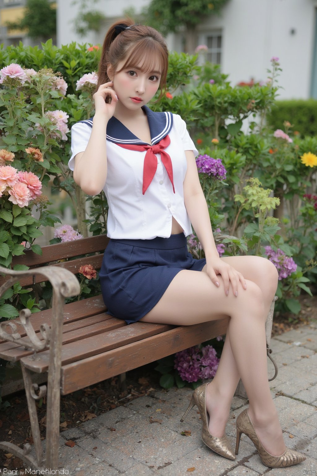 Masterpiece, best quality, amazing details, realistic photos, 1girl, ponytail, high quality fair skin, big breasts, school uniform, pencil skirt, (shiny pantyhose), panties, long legs, high heels , full body, garden, flowers, bench, sitting,