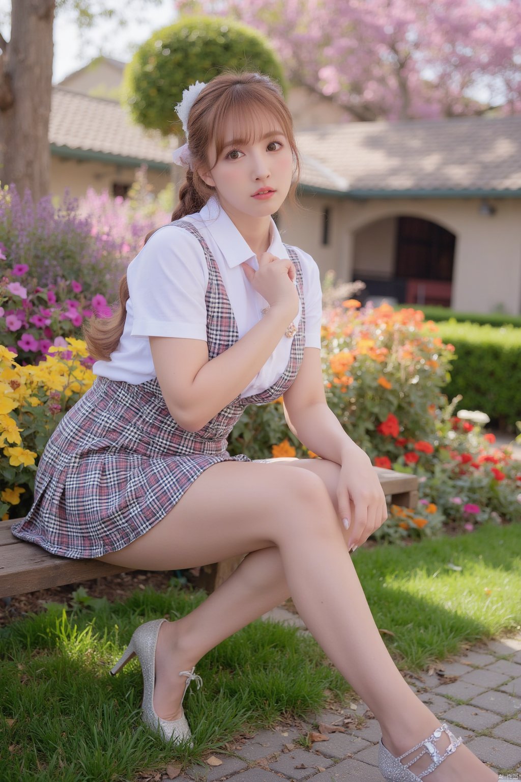 Masterpiece, best quality, amazing details, realistic photos, 1girl, ponytail, high quality fair skin, big breasts, school uniform, plaid skirt, (shiny pantyhose), panties, long legs, high heels , full body, garden, flowers, bench, sitting,