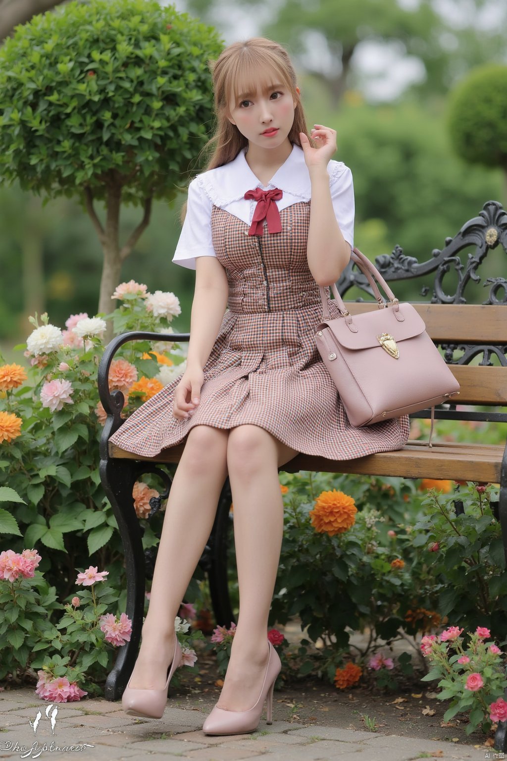 Masterpiece, best quality, amazing details, realistic photos, 1girl, ponytail, high quality fair skin, big breasts, school uniform, plaid skirt, (shiny pantyhose), panties, long legs, high heels , full body, garden, flowers, bench, sitting,