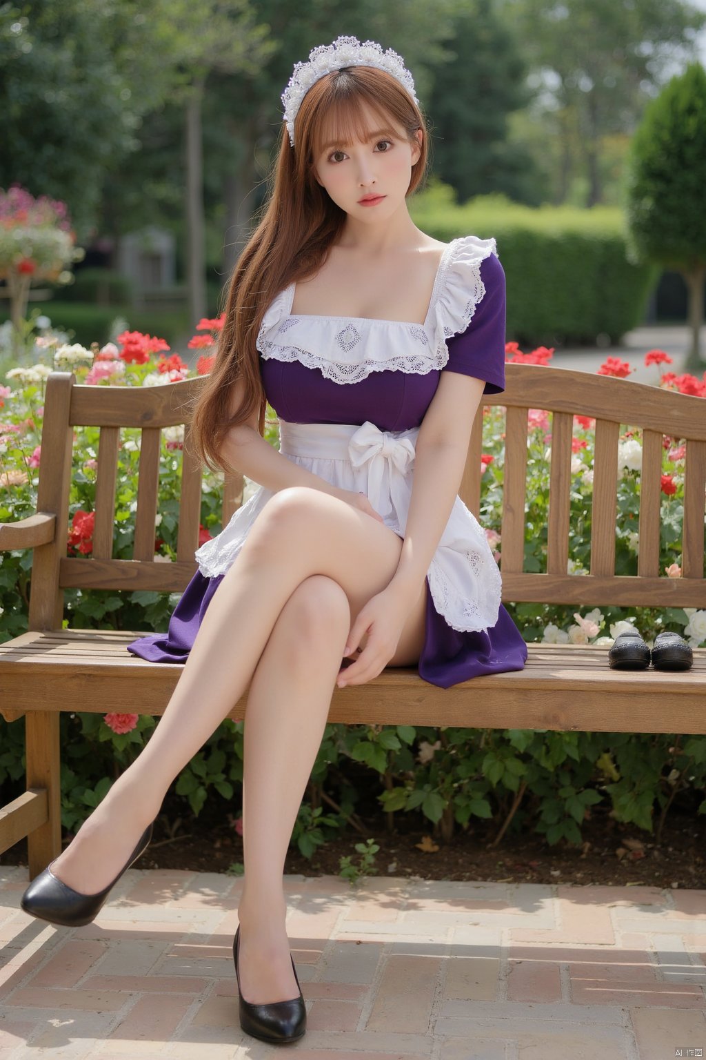 Masterpiece, best quality, amazing details, realistic photos, 1girl, ponytail, high quality fair skin, big breasts, maid, (shiny pantyhose), panties, long legs, high heels , full body, garden, flowers, bench, sitting,