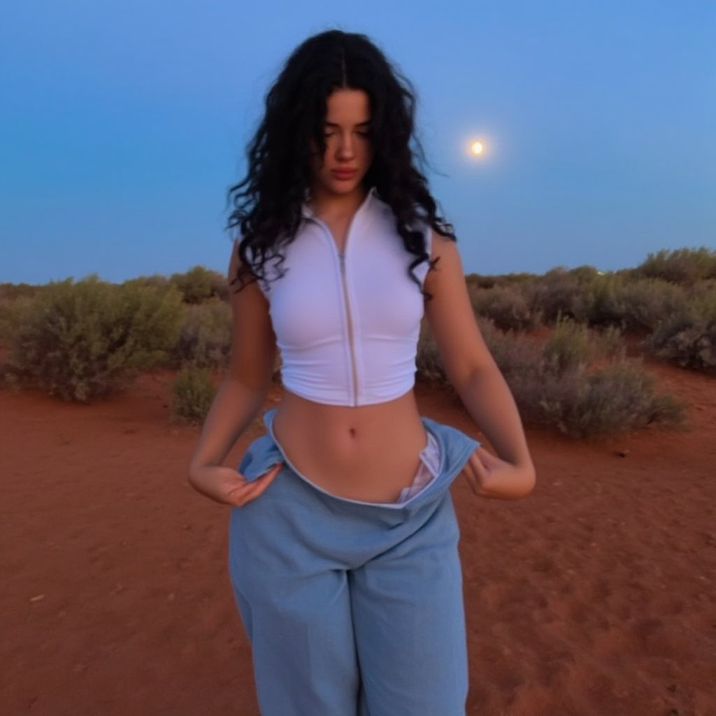 Vanessa Reinhardt V2.1 , Generate an outdoor scene at dusk, with soft golden lighting illuminating a young woman standing in front of a dry, desert-like terrain. The ground is reddish-brown with patches of dry grass and small shrubs. The woman has long, dark, wavy hair and wears a form-fitting white zip-up top that reveals her midriff. She is holding up oversized, light blue baggy jeans, exposing her waist. The moon is visible in the background against a clear twilight sky, adding to the serene, natural atmosphere.