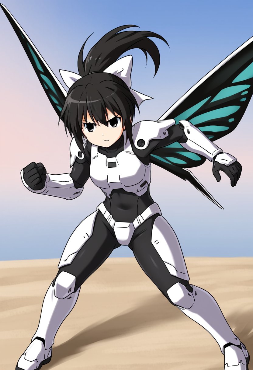 1girl, solo, tsubasadtkw, black hair, black eyes, ponytail, white bow, hair bow, black bodysuit, white armor, futuristic theme, butterfly wings, metal wings, fight stance, serious, mecha musume, outdoots, sky, flying