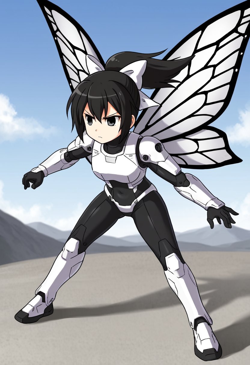 1girl, solo, tsubasadtkw, black hair, black eyes, ponytail, white bow, hair bow, black bodysuit, white armor, futuristic theme, butterfly wings, metal wings, fight stance, serious, mecha musume, outdoots, sky, flying