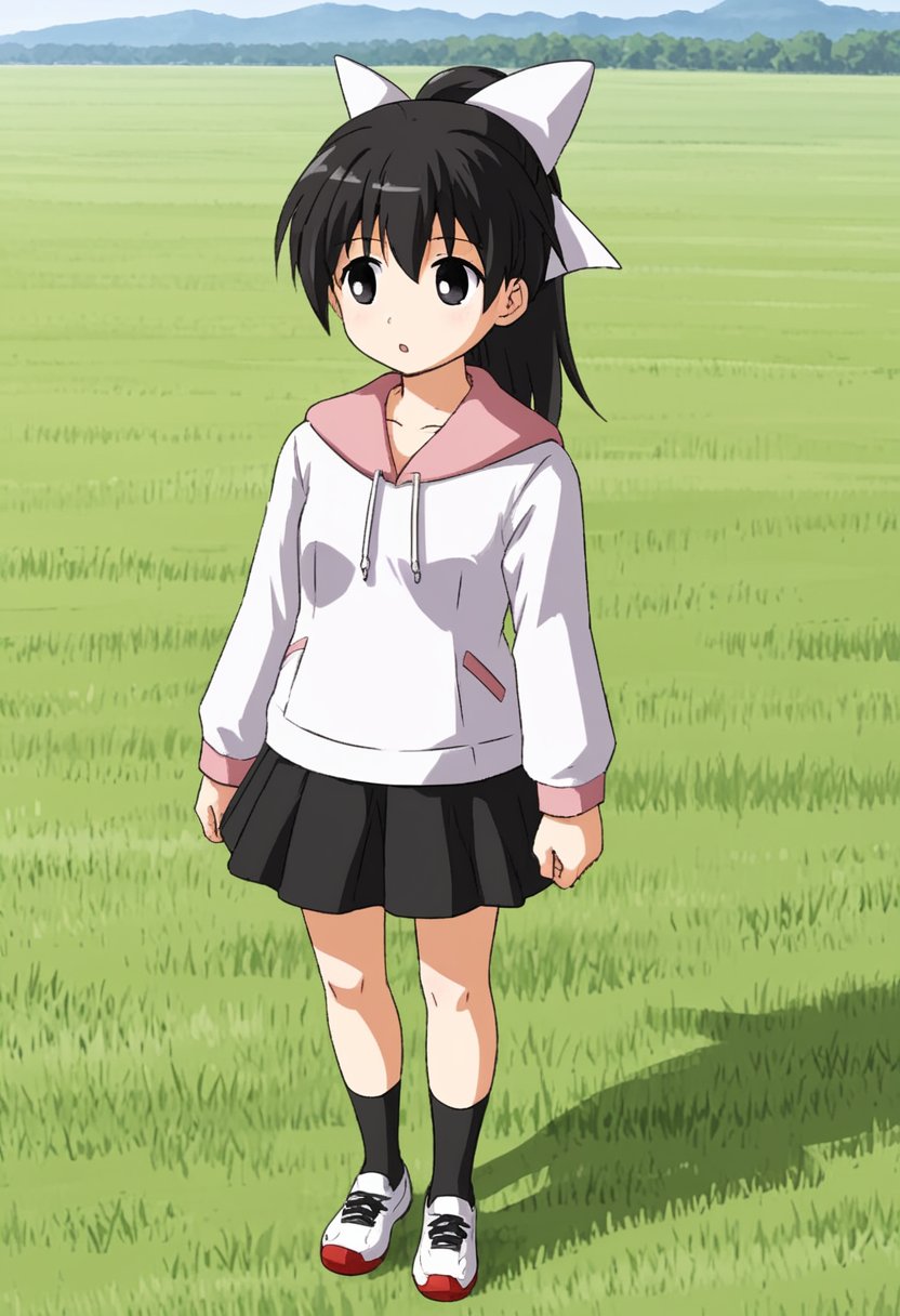 1girl, solo, tsubasadtkw, black hair, black eyes, ponytail, hair bow, white shirt, hoodie, black skirt, black socks, shoes, outdoors, meadow, grass field, standing, parted lips, facing the viewer, full body