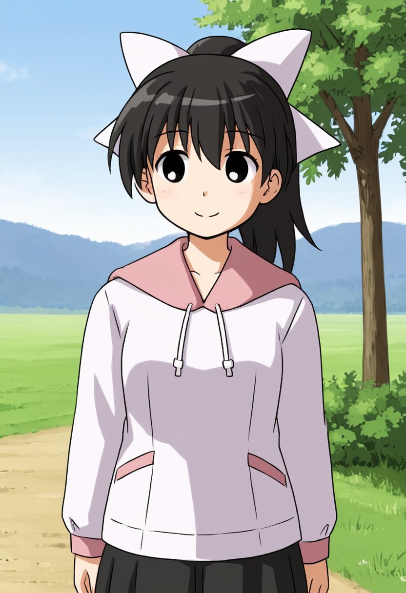 1girl, solo, tsubasadtkw, black hair, black eyes, ponytail, white bow, hair bow, white shirt, long sleeves, pink hood, black skirt, outdoors, meadow, standing, smile, facing the viewer, cowboy shot