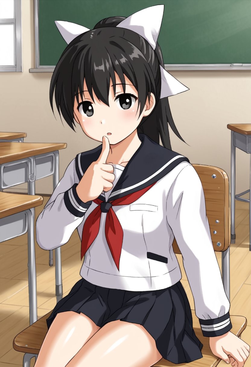 1girl, solo, tsubasadtkw, black hair, black eyes, ponytail, white bow, hair bow, white shirt, long sleeves, serafuku, neckerchief, skirt, school uniform, indoors, classroom, sitting, chair, looking at viewer, parted lips