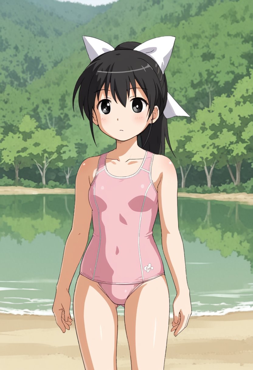 1girl, solo, tsubasadtkw, black hair, black eyes, ponytail, white bow, hair bow, pink swimsuit, one-piece swimsuit, casual one-piece swimsuit, outdoors, lake, standing, cowboy shot, looking at viewer,